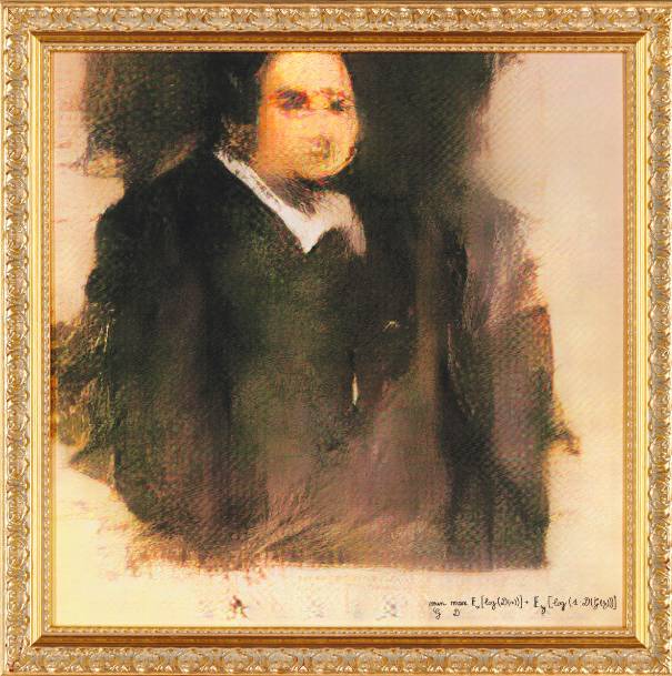 GAN algoritmasıyla yapılan Edmond Belamy’nin portresi ve algoritmadan oluşan ressam imzası.