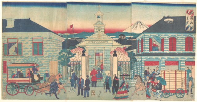 Yokohama'daki yabancı konutlar ve Katolik kilisesini gösteren bir çizim.