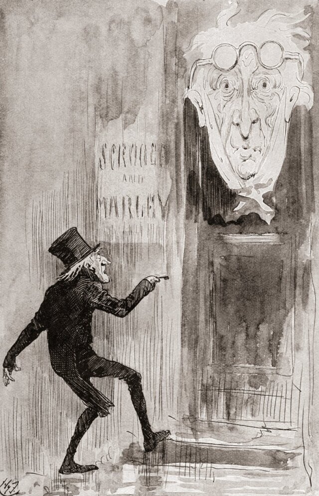  İngiliz illüstratör Harry Furniss’ın çizimiyle Bir Noel Şarkısı’ndaki Ebenezer Scrooge’un cimrilikten merhamete uzanan dönüşüm hikayesine dair bir çizim.