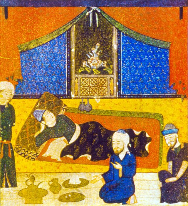 İbn-i Sina’yı, Veşmgîr’in kara sevda hastalığına yakalanan yeğenini muayene ederken gösteren bir minyatür. 