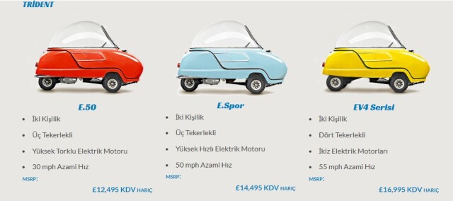 P50 Cars’ın modelleri arasındaki TRIDENT, hem Peel 50’nin orijinal modeline göz kırpıyor hem de 60’lı yılların kabarcıklakaplı  mikro otomobillerini andırıyor.