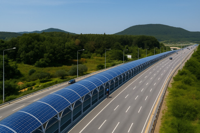 Bisiklet yolunun üstündeki güneş panelleri enerji üretiyor.