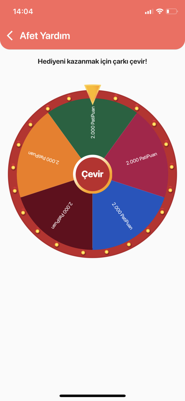Depremzede canlar için de hediye çarkı çevirip puan kazanılabiliyor.
