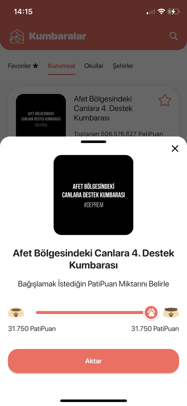 Günlük görevleri tamamlayınca ve hediye çarklarını çevirince kazandığınız puanları, dilediğiniz miktarda Depremzede Canlara Destek Kumbarası’na aktarabilirsiniz. 