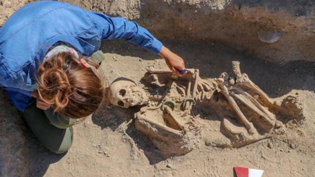 Van’da yapılan kazılarda takılarıyla gömülmüş bir kadının mezarı bulundu. Kadının sol parmağındaki yüzüğün alyans olabileceği düşünülüyor. (Fotoğraf AA)
