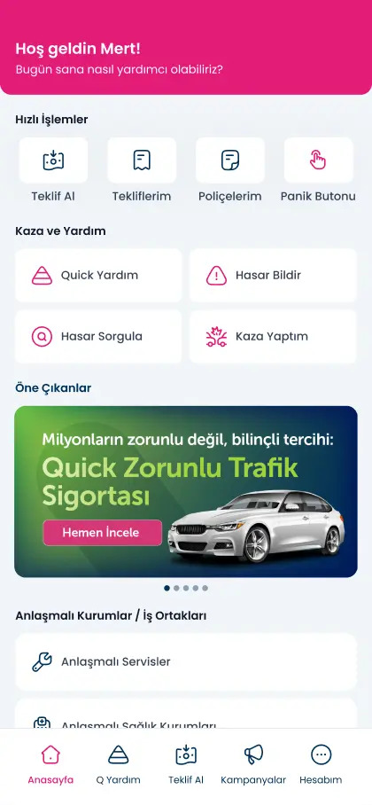 Quick Sigorta’nın mobil uygulaması, sigorta işlemlerinizi kolaylaştırırken, acil durumlarda hızlı yardım ve güvenlik sağlayan kapsamlı bir asistan olarak öne çıkıyor.